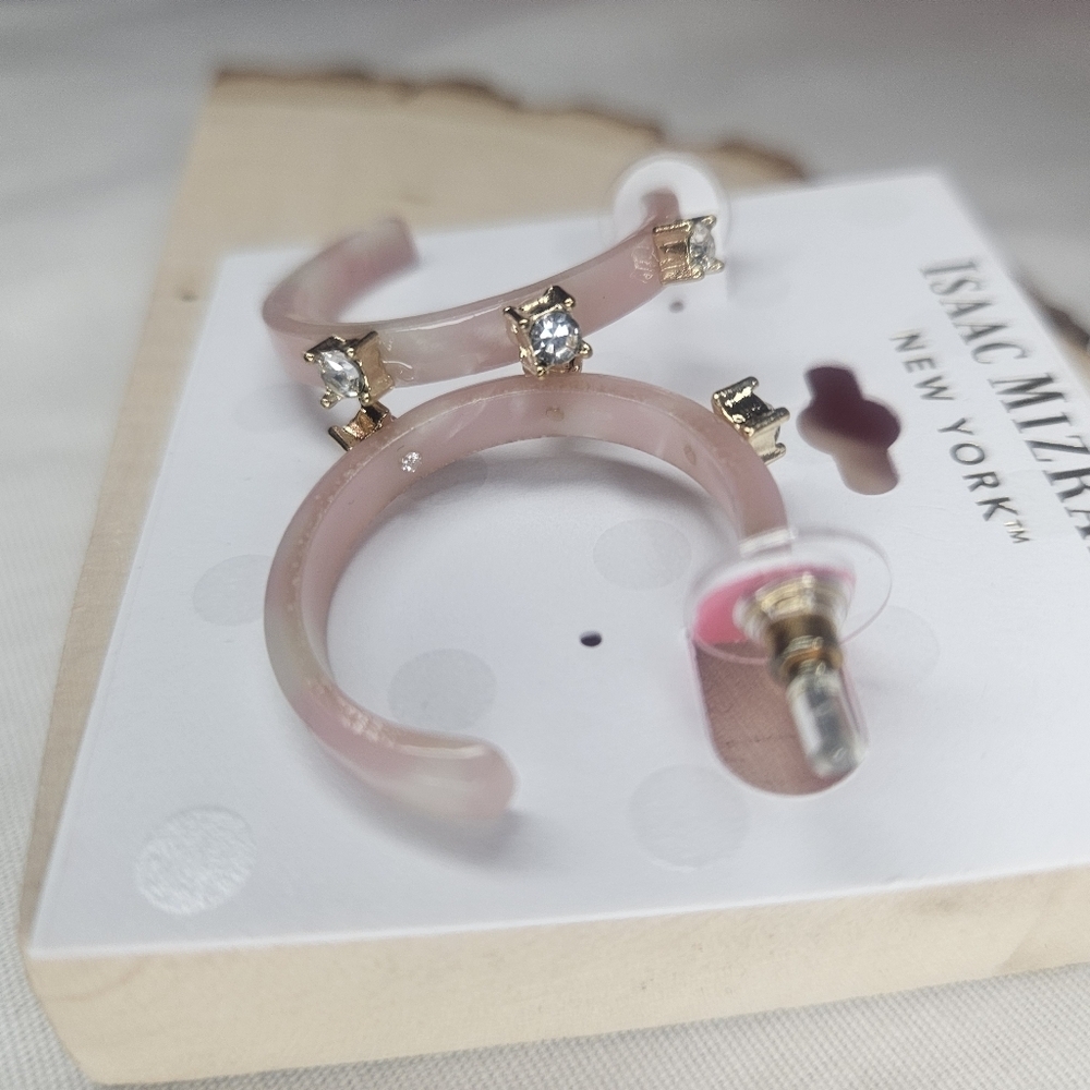 Isaac Mizrahi Rhinestone And Pink Cow Print Acrylic Hoop Earrings NWT Retail $40 - Picture 3 of 6